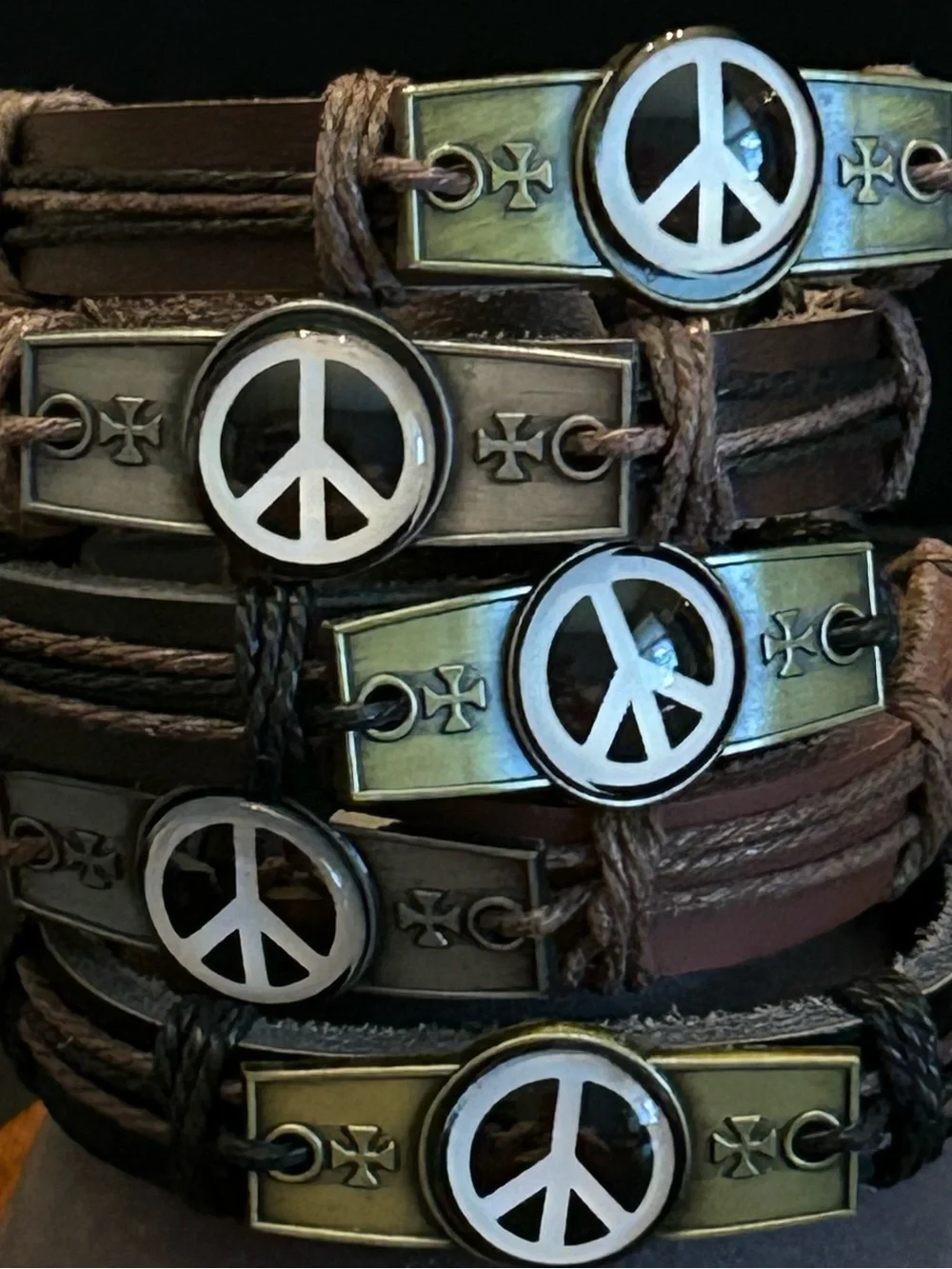 Men's Brown or Black Leather Peace Sign Adjustable Bracelet wAntique Metal Plate